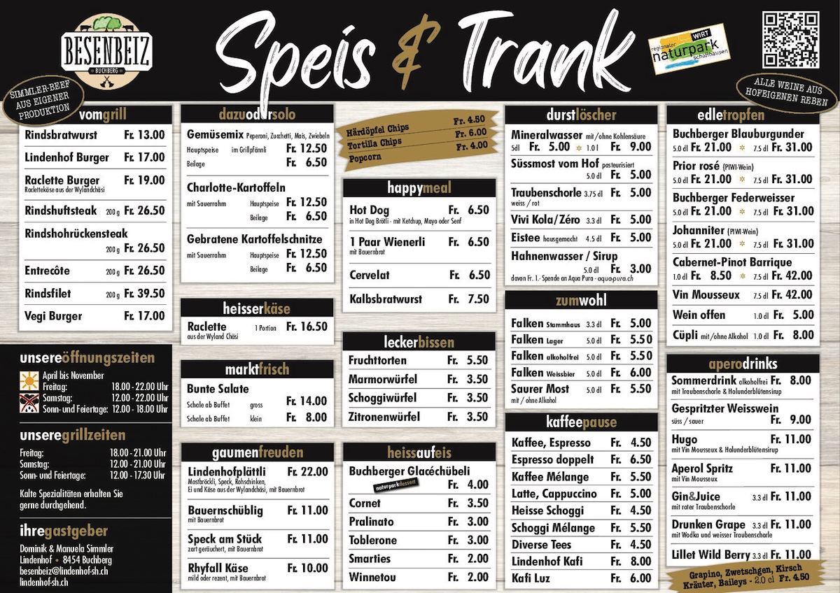 Die vollständige Speisekarte der Besenbeiz am Lindenhof in Buchberg – entdecken Sie unsere Spezialitäten