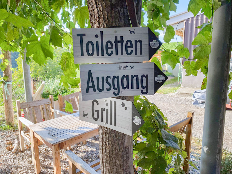 Orientierung leicht gemacht: Wegweiser zu Toiletten, Ausgang und Grill bei der Besenbeiz am Lindenhof in Buchberg